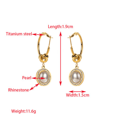 1 Pair Elegant Lady Round Moon Maple Leaf Inlay Carving Titanium Steel Turquoise Pearl Zircon Gold Plated Drop Earrings