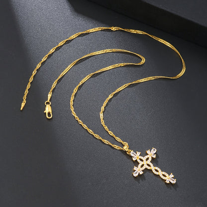 Elegant Streetwear Cross Stainless Steel Copper 18k Gold Plated Zircon Pendant Necklace In Bulk