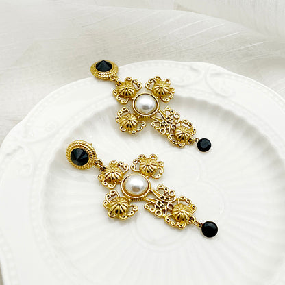 1 Pair Elegant Vintage Style Luxurious Cross Plating Inlay Stainless Steel Pearl Gold Plated Drop Earrings