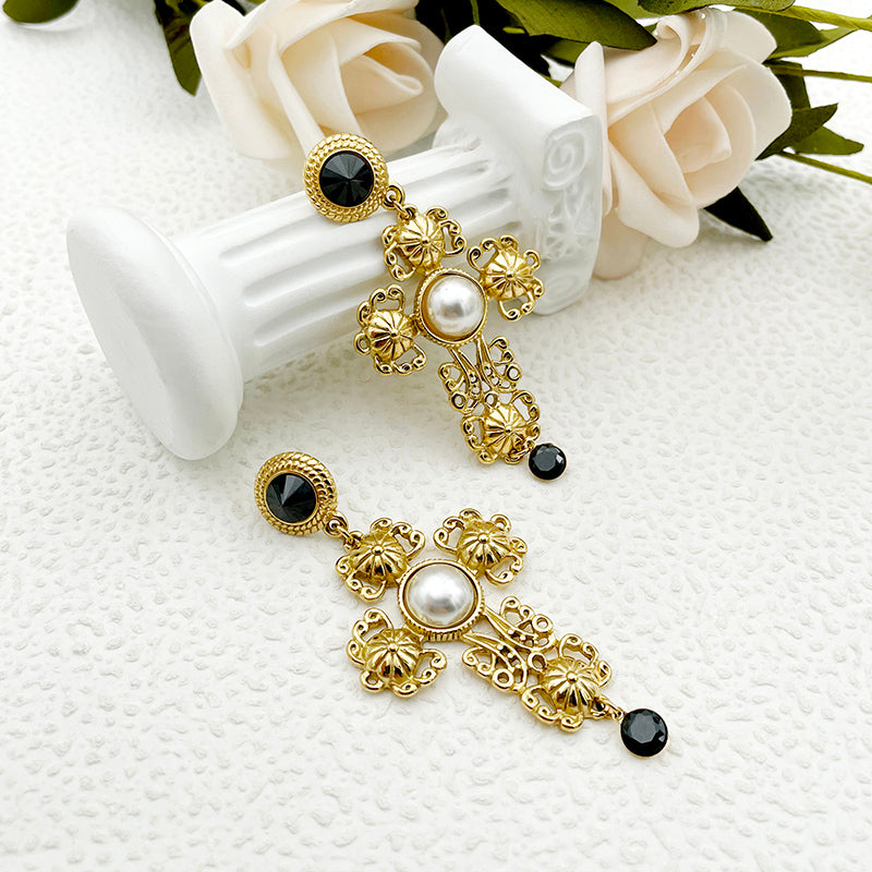 1 Pair Elegant Vintage Style Luxurious Cross Plating Inlay Stainless Steel Pearl Gold Plated Drop Earrings