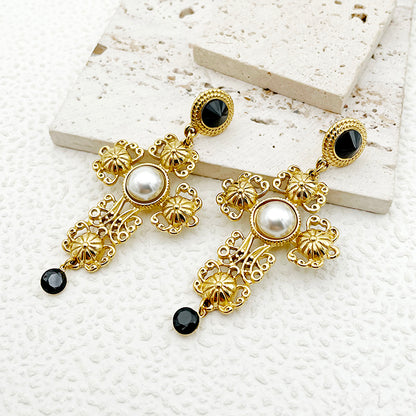 1 Pair Elegant Vintage Style Luxurious Cross Plating Inlay Stainless Steel Pearl Gold Plated Drop Earrings