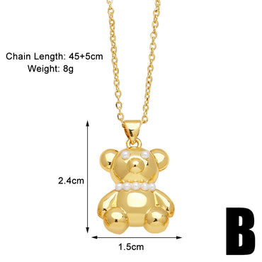 Elegant Cute Simple Style Little Bear Heart Shape Copper Plating Inlay Zircon 18k Gold Plated Pendant Necklace