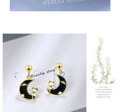 1 Pair Cute Moon Cat Epoxy Copper Drop Earrings