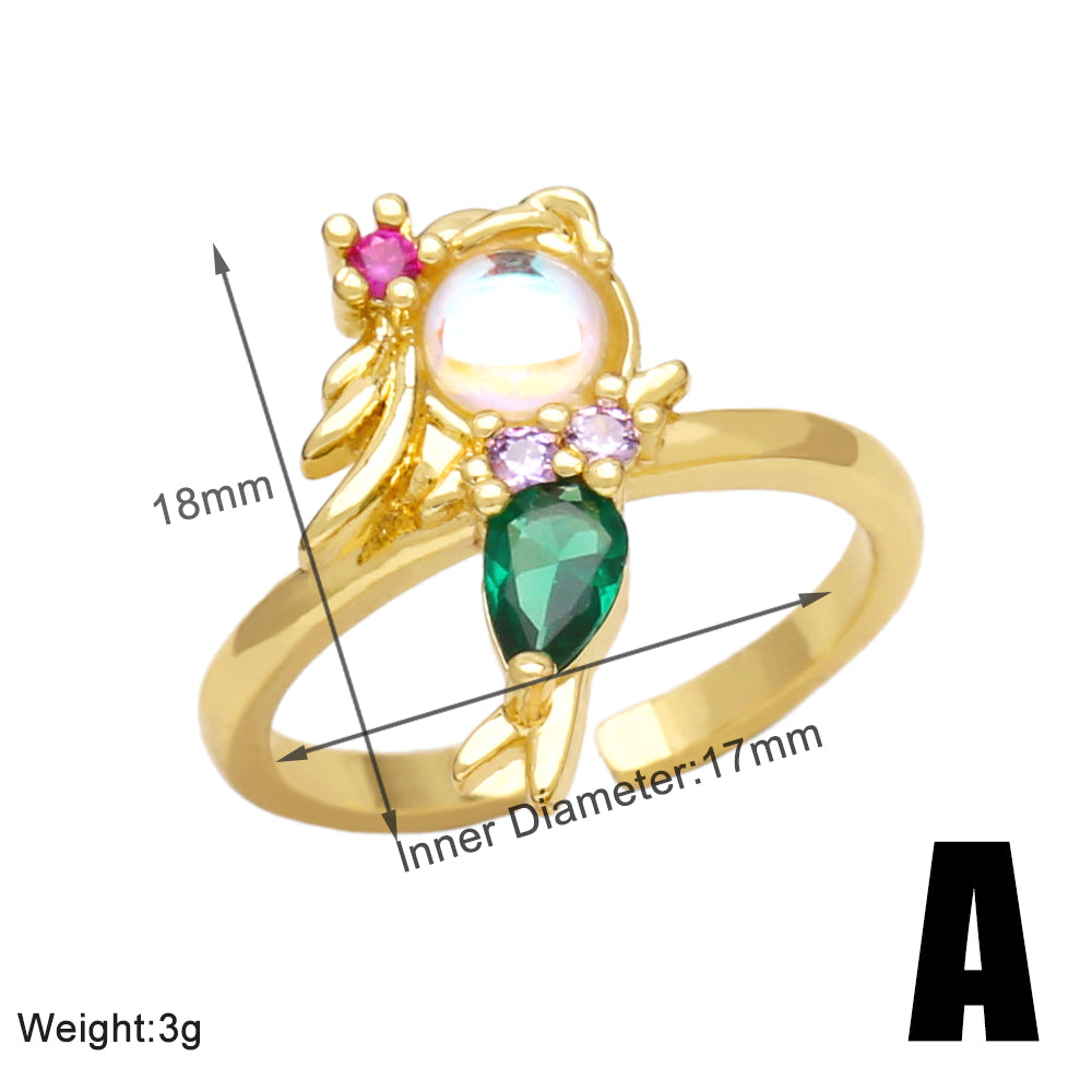 Vintage Style Mermaid Copper Plating Inlay Zircon 18k Gold Plated Open Rings