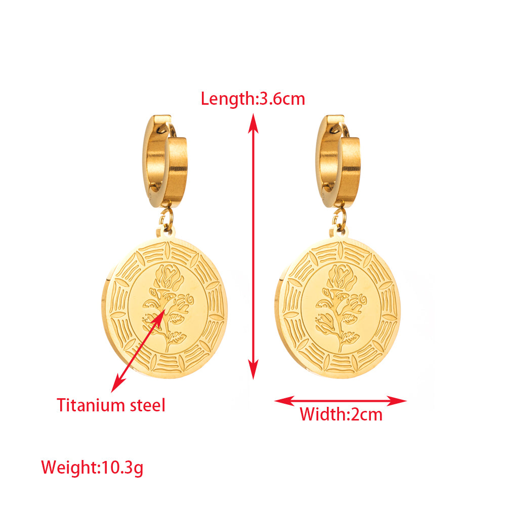 1 Pair Elegant Lady Leaf Round Heart Shape Inlay Titanium Steel Rhinestones Gold Plated Drop Earrings