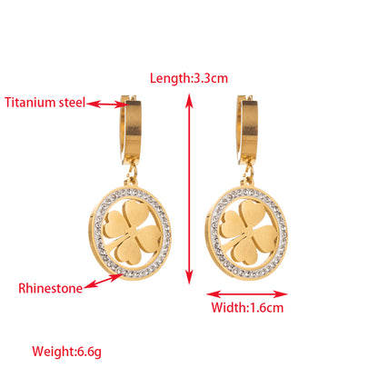 1 Pair Elegant Lady Leaf Round Heart Shape Inlay Titanium Steel Rhinestones Gold Plated Drop Earrings