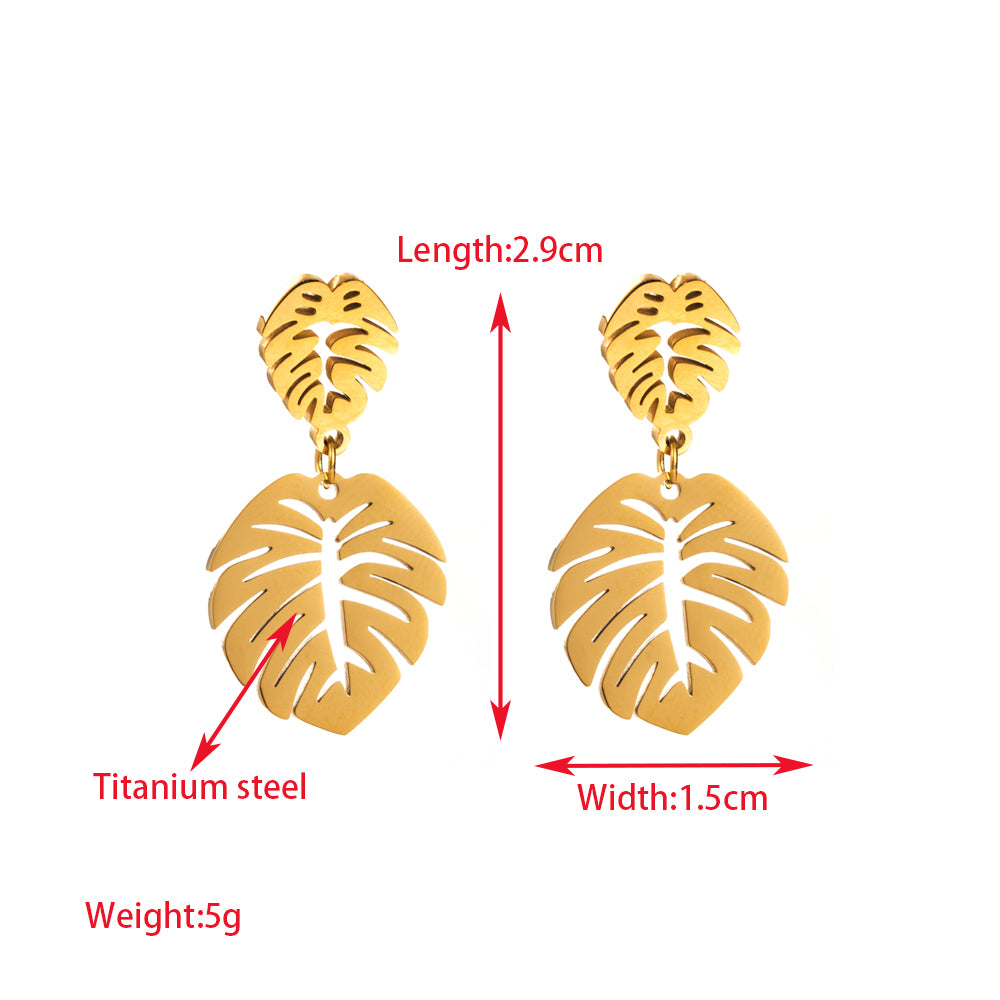 1 Pair Elegant Lady Leaf Round Heart Shape Inlay Titanium Steel Rhinestones Gold Plated Drop Earrings