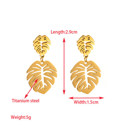 1 Pair Elegant Lady Leaf Round Heart Shape Inlay Titanium Steel Rhinestones Gold Plated Drop Earrings