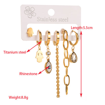 1 Set Elegant Round Heart Shape Butterfly Hollow Out Inlay Titanium Steel Rhinestones Gold Plated Drop Earrings