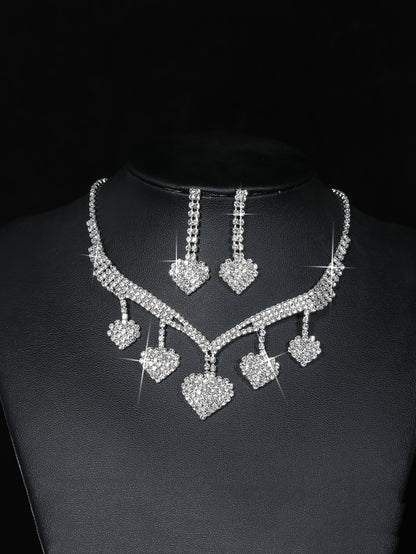 Elegant Streetwear Heart Shape Alloy Inlay Rhinestones Silver Plated Women's Earrings Necklace