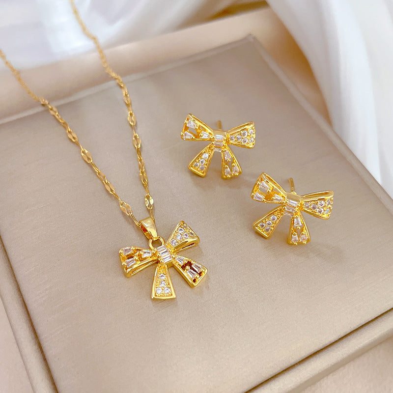 Simple Style Rhombus Bow Knot Copper Plating Inlay Zircon Jewelry Set