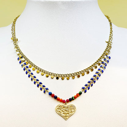 Wholesale Elegant Heart Shape Stainless Steel Enamel Plating Gold Plated Double Layer Necklaces