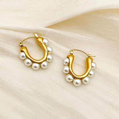 1 Pair Elegant U Shape Plating Inlay Stainless Steel Shell Pearls Gold Plated Hoop Earrings