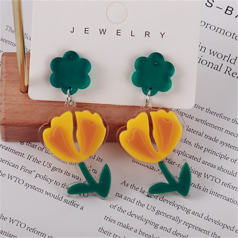 1 Pair Pastoral Flower Printing Arylic Drop Earrings