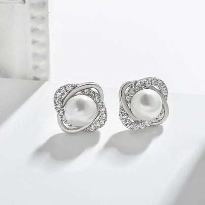 1 Pair Elegant Classic Style Round Plating Sterling Silver Artificial Pearls Zircon Ear Studs