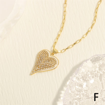 Simple Style Heart Shape Copper Enamel Inlay Zircon 18k Gold Plated Pendant Necklace