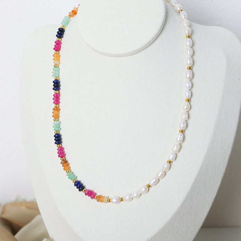 Wholesale Elegant Simple Style Colorful Freshwater Pearl Titanium Steel Beaded Plating 18k Gold Plated Necklace