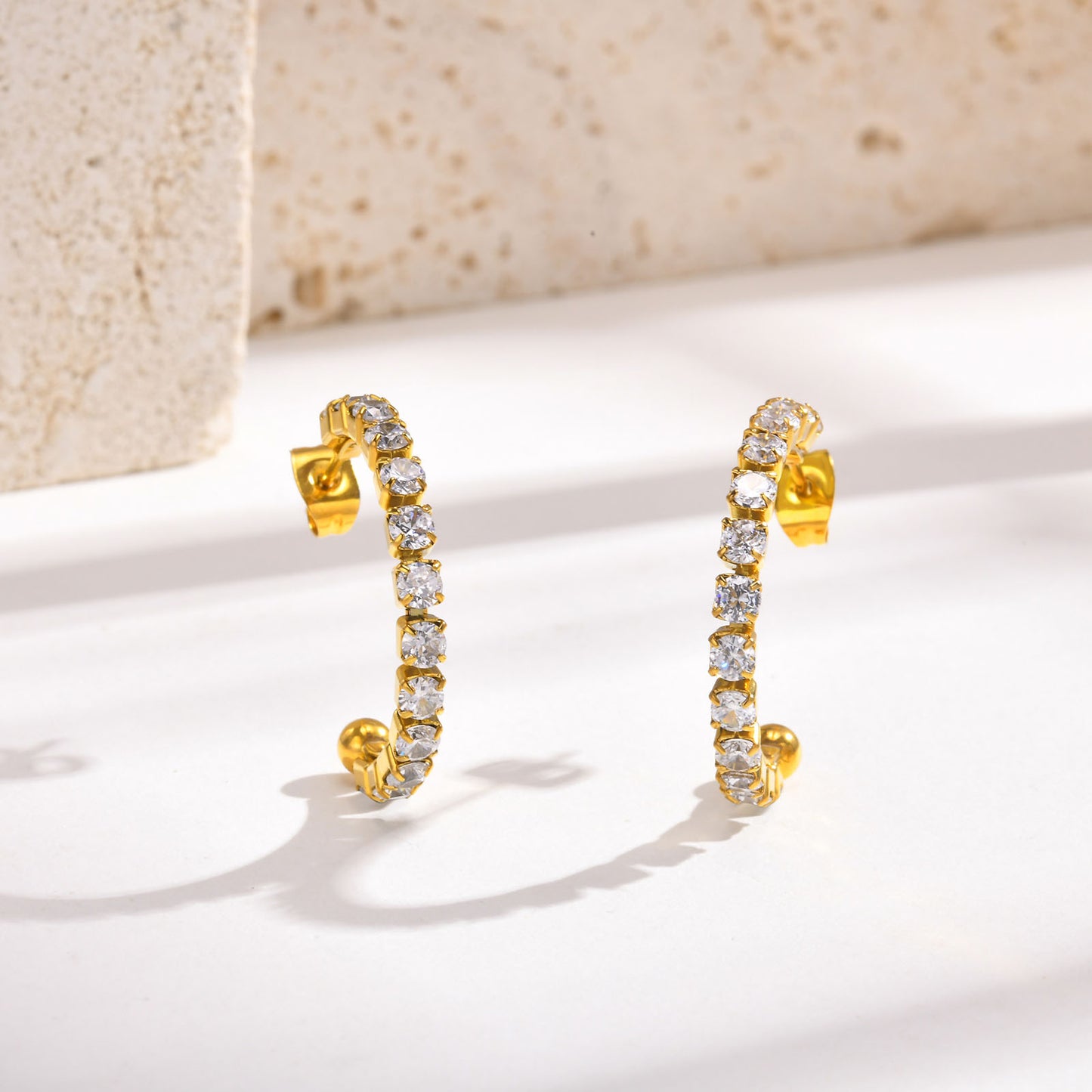 1 Pair Vintage Style C Shape Plating Inlay Stainless Steel Zircon 18k Gold Plated Hoop Earrings