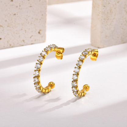 1 Pair Vintage Style C Shape Plating Inlay Stainless Steel Zircon 18k Gold Plated Hoop Earrings