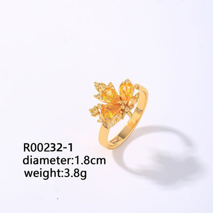 Elegant Classic Style Geometric Maple Leaf Copper Plating Inlay Zircon Open Rings