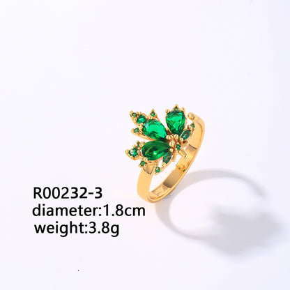 Elegant Classic Style Geometric Maple Leaf Copper Plating Inlay Zircon Open Rings