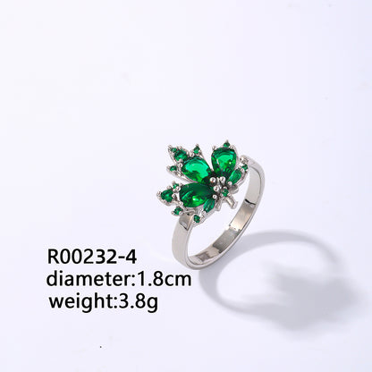 Elegant Classic Style Geometric Maple Leaf Copper Plating Inlay Zircon Open Rings