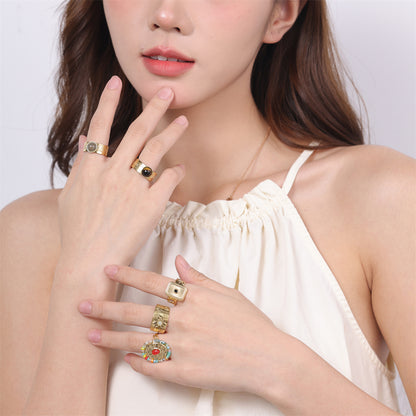 Vintage Style Color Block Stainless Steel Plating Inlay Natural Stone 18k Gold Plated Silver Plated Open Rings