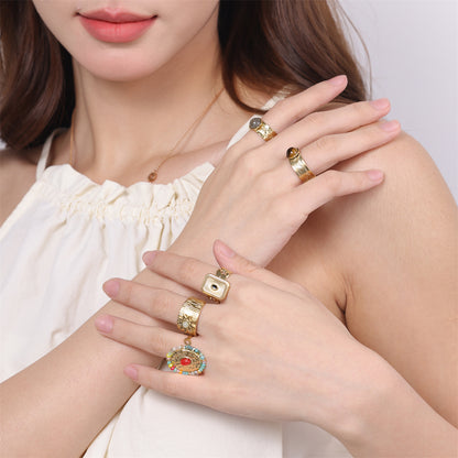 Vintage Style Color Block Stainless Steel Plating Inlay Natural Stone 18k Gold Plated Silver Plated Open Rings