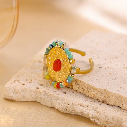 Vintage Style Color Block Stainless Steel Plating Inlay Natural Stone 18k Gold Plated Silver Plated Open Rings