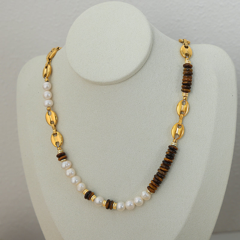 Wholesale Vintage Style Color Block Freshwater Pearl Tiger Eye Titanium Steel Beaded Patchwork Plating 18k Gold Plated Jewelry Set