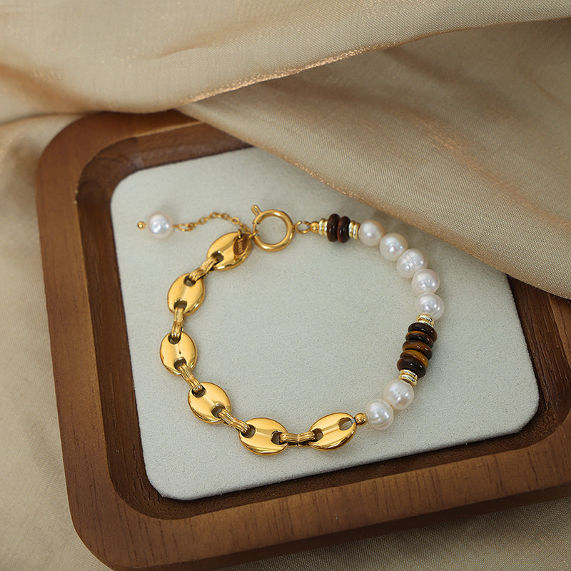 Wholesale Vintage Style Color Block Freshwater Pearl Tiger Eye Titanium Steel Beaded Patchwork Plating 18k Gold Plated Jewelry Set