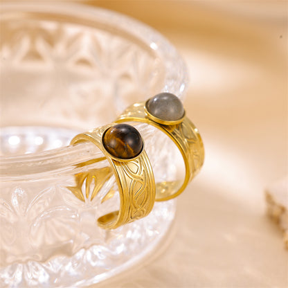 Vintage Style Color Block Stainless Steel Plating Inlay Natural Stone 18k Gold Plated Silver Plated Open Rings