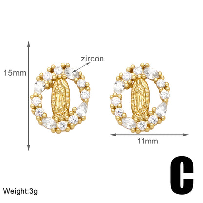 1 Pair Vintage Style Simple Style Virgin Mary Plating Inlay Copper Zircon 18k Gold Plated Ear Studs