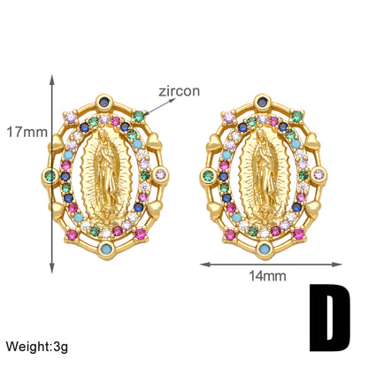 1 Pair Vintage Style Simple Style Virgin Mary Plating Inlay Copper Zircon 18k Gold Plated Ear Studs