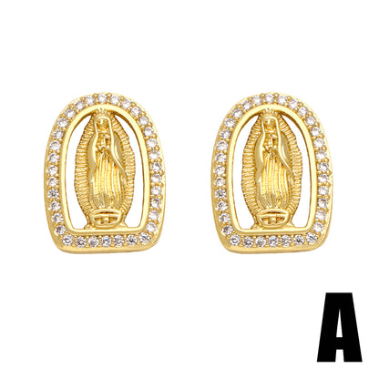 1 Pair Vintage Style Simple Style Virgin Mary Plating Inlay Copper Zircon 18k Gold Plated Ear Studs