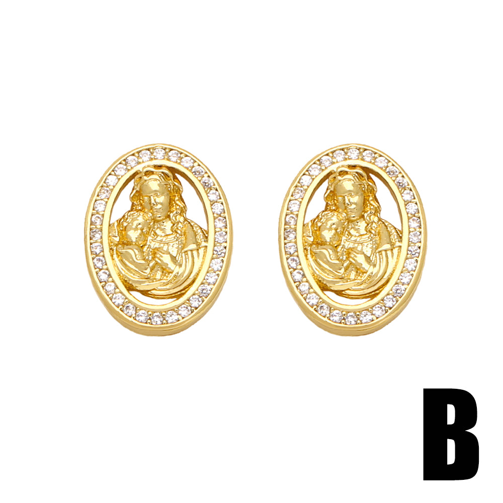 1 Pair Vintage Style Simple Style Virgin Mary Plating Inlay Copper Zircon 18k Gold Plated Ear Studs