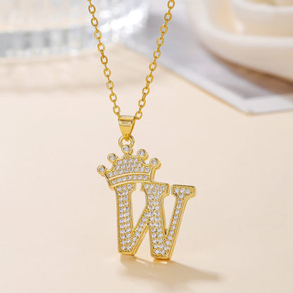 Elegant Simple Style Classic Style Letter Crown Stainless Steel Copper Plating Inlay Zircon 18k Gold Plated Pendant Necklace