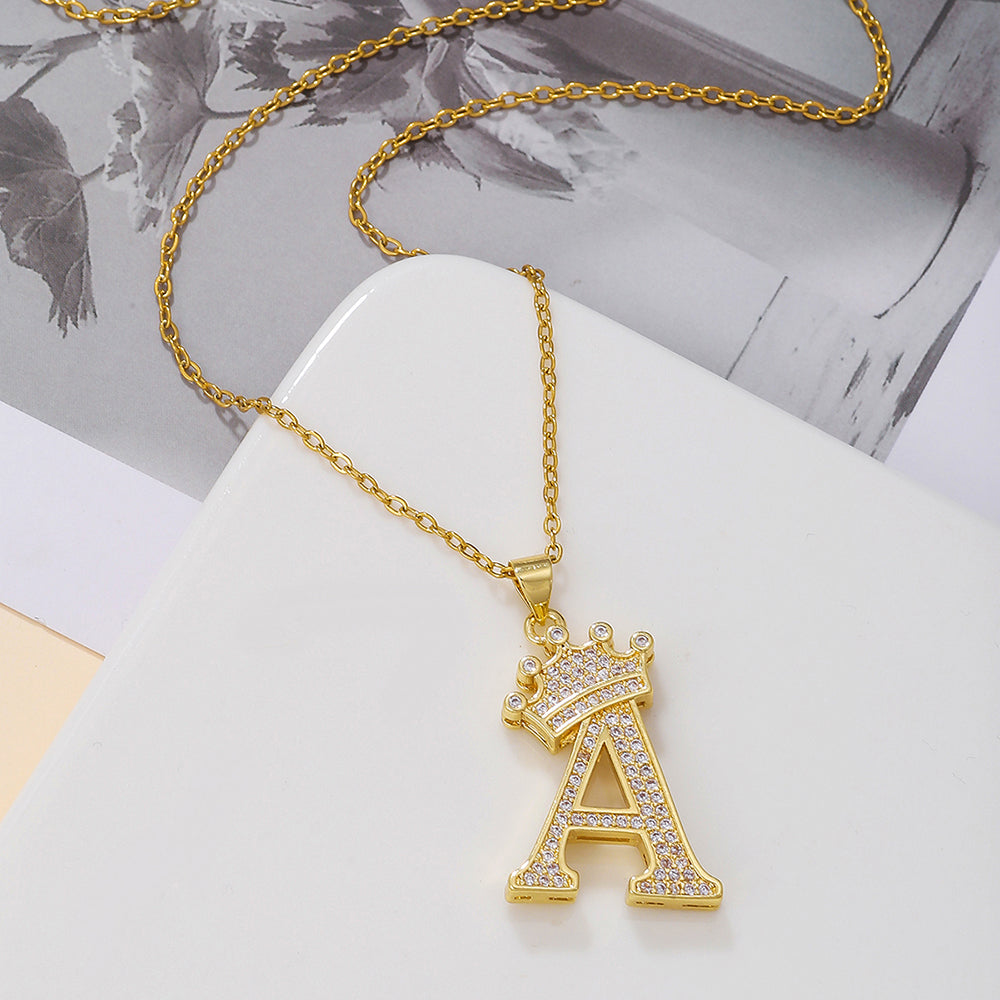 Elegant Simple Style Classic Style Letter Crown Stainless Steel Copper Plating Inlay Zircon 18k Gold Plated Pendant Necklace