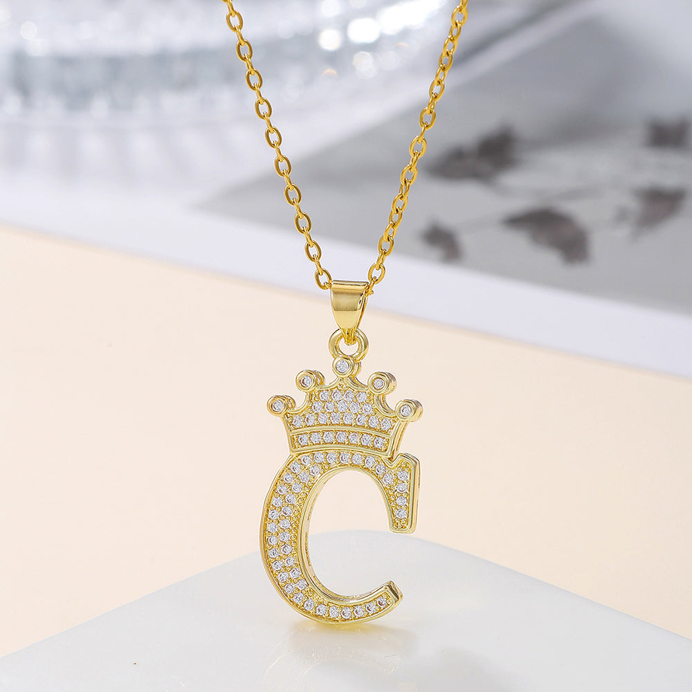 Elegant Simple Style Classic Style Letter Crown Stainless Steel Copper Plating Inlay Zircon 18k Gold Plated Pendant Necklace