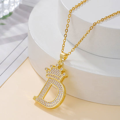 Elegant Simple Style Classic Style Letter Crown Stainless Steel Copper Plating Inlay Zircon 18k Gold Plated Pendant Necklace