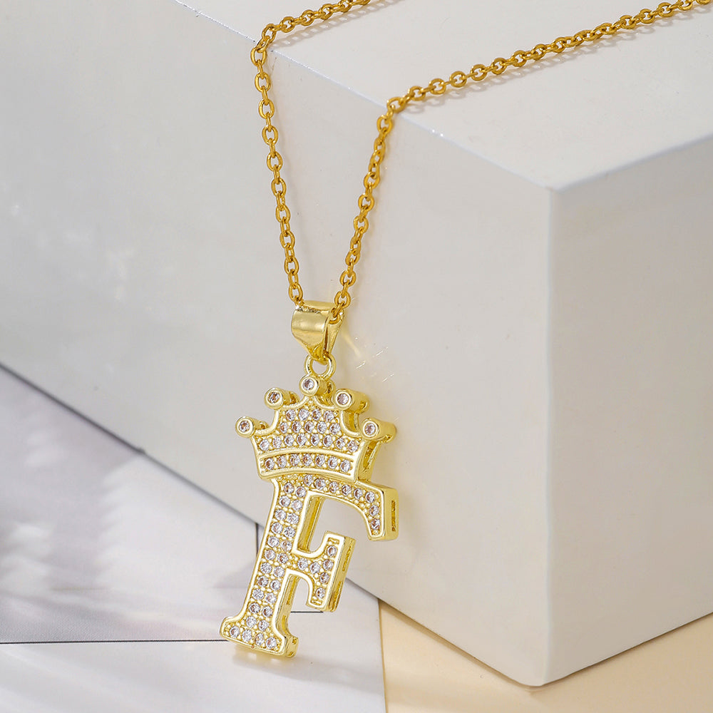 Elegant Simple Style Classic Style Letter Crown Stainless Steel Copper Plating Inlay Zircon 18k Gold Plated Pendant Necklace