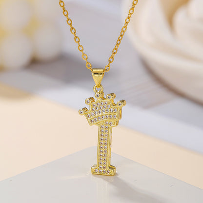 Elegant Simple Style Classic Style Letter Crown Stainless Steel Copper Plating Inlay Zircon 18k Gold Plated Pendant Necklace