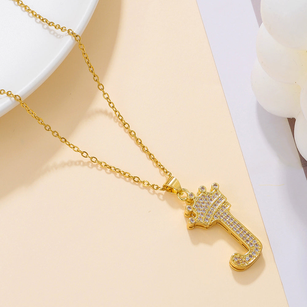 Elegant Simple Style Classic Style Letter Crown Stainless Steel Copper Plating Inlay Zircon 18k Gold Plated Pendant Necklace