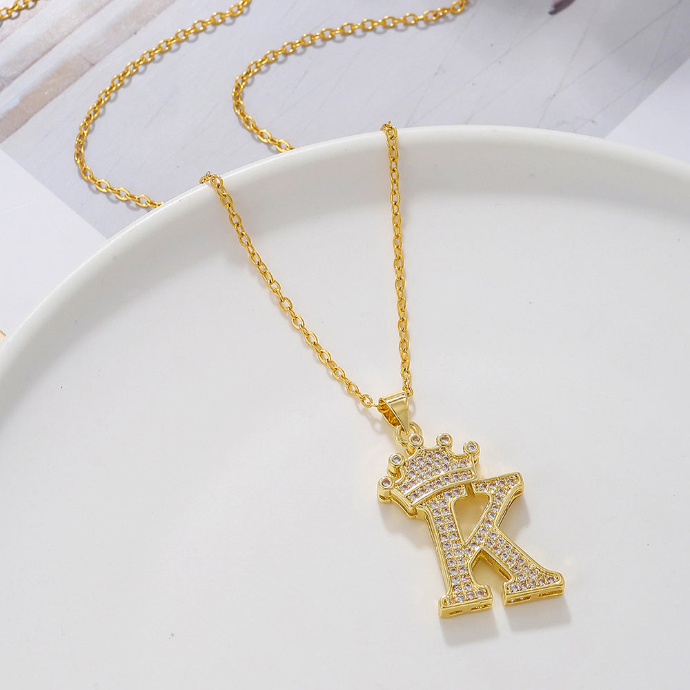 Elegant Simple Style Classic Style Letter Crown Stainless Steel Copper Plating Inlay Zircon 18k Gold Plated Pendant Necklace