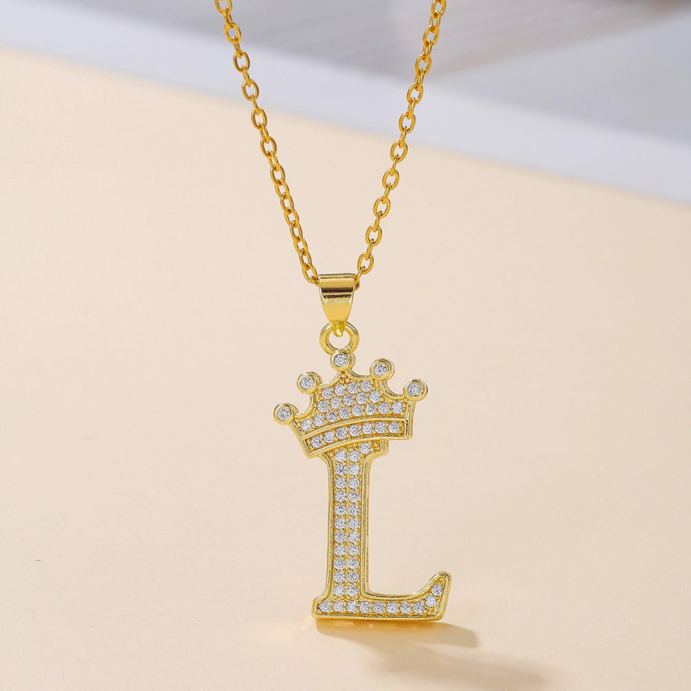 Elegant Simple Style Classic Style Letter Crown Stainless Steel Copper Plating Inlay Zircon 18k Gold Plated Pendant Necklace