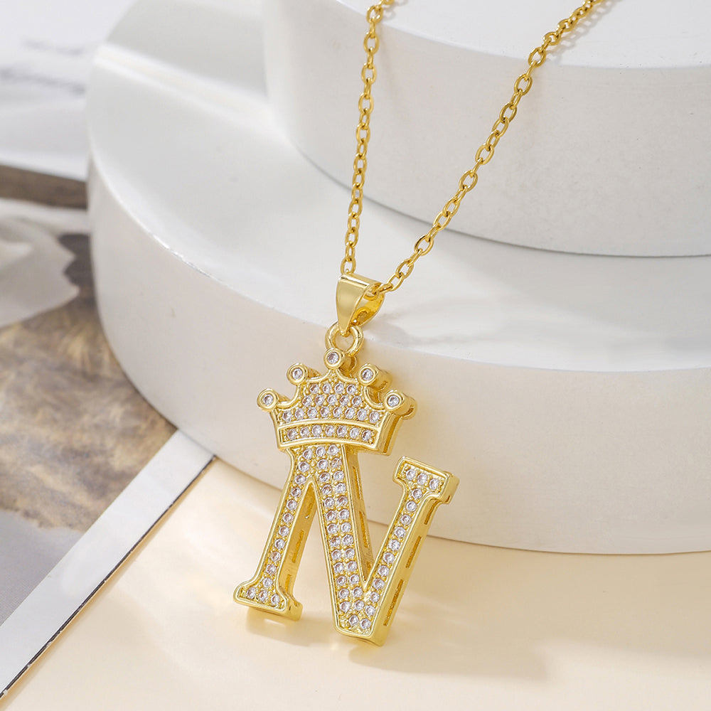 Elegant Simple Style Classic Style Letter Crown Stainless Steel Copper Plating Inlay Zircon 18k Gold Plated Pendant Necklace