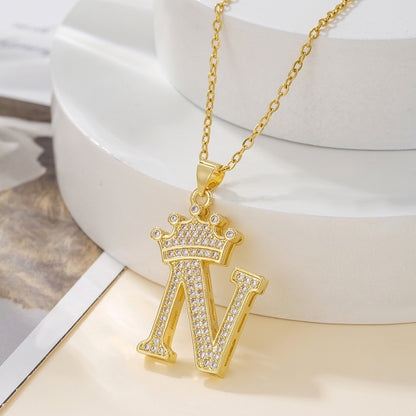 Elegant Simple Style Classic Style Letter Crown Stainless Steel Copper Plating Inlay Zircon 18k Gold Plated Pendant Necklace