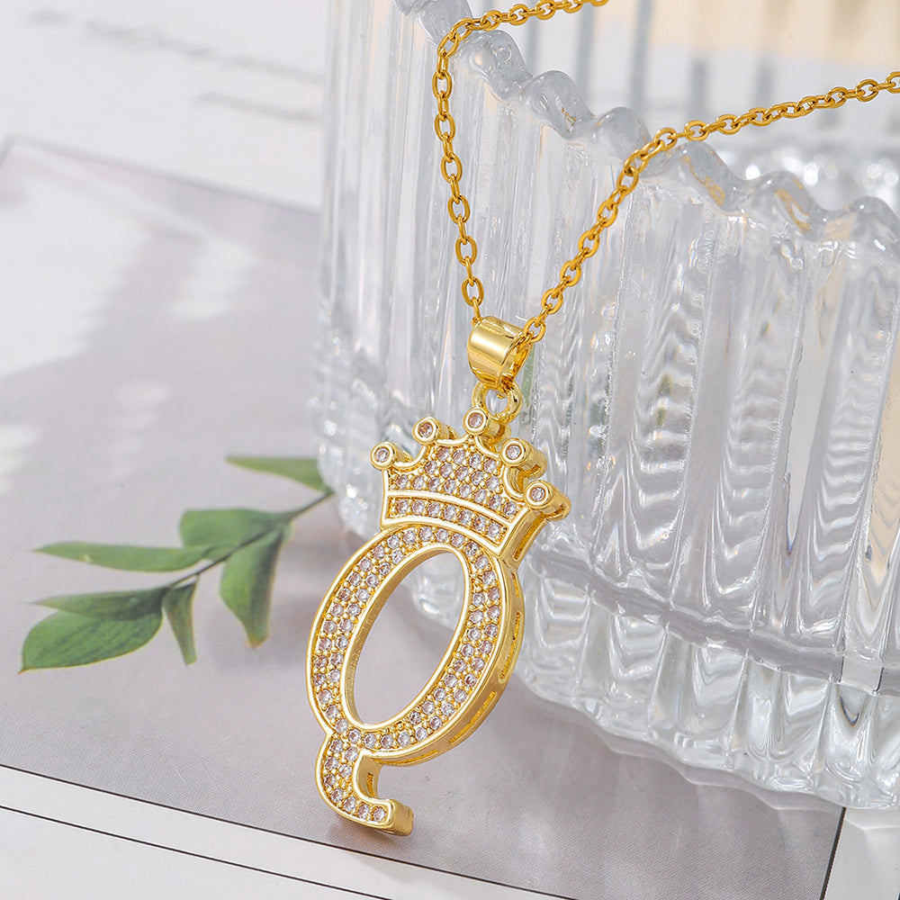 Elegant Simple Style Classic Style Letter Crown Stainless Steel Copper Plating Inlay Zircon 18k Gold Plated Pendant Necklace