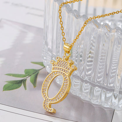 Elegant Simple Style Classic Style Letter Crown Stainless Steel Copper Plating Inlay Zircon 18k Gold Plated Pendant Necklace