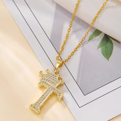 Elegant Simple Style Classic Style Letter Crown Stainless Steel Copper Plating Inlay Zircon 18k Gold Plated Pendant Necklace